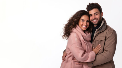 Couple Romantic standing side by side and hugging, isolated on white