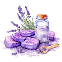 Obraz na płótnie Canvas Lavender soap and aromatherapy oil products for a spa, isolated