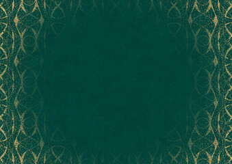 Dark cold green textured paper with vignette of golden hand-drawn pattern with golden glitter splatter. Copy space. Digital artwork, A4. (pattern: p10-4c)
