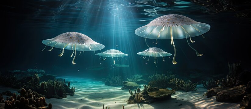 Five beams glide over sandy sea floor With copyspace for text