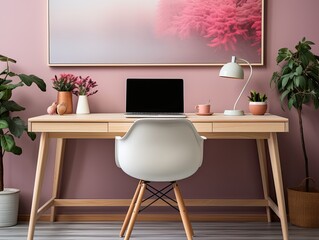 interior design of working home space laptop on desk with calm vibes in pink color