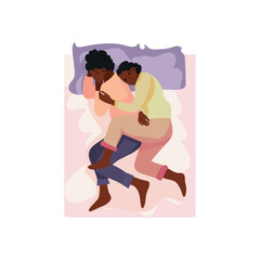 African-American couple sleeping in bed on white background, top view