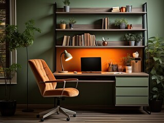 interior design of working home space laptop on desk with calm vibes in green color