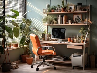 interior design of working home space laptop on desk with calm vibes in green color