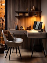 interior design of working home space laptop on desk with calm vibes in beige or brown color, modern minimalist style