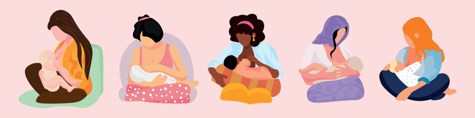 Set of women breastfeeding their babies on light pink background