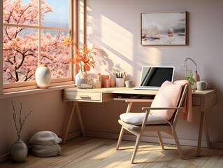 interior design of working home space laptop on desk with calm vibes in pink color and sakura view