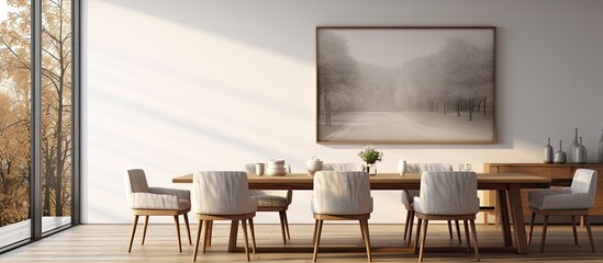 Minimalist white dining room with grey chairs at wooden table featuring a poster and window With copyspace for text