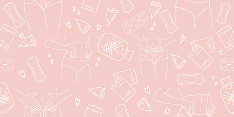 Pattern with female body and means of feminine hygiene on light pink background