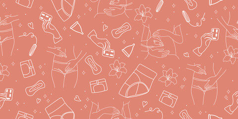 Pattern with female body and means of feminine hygiene on pink background