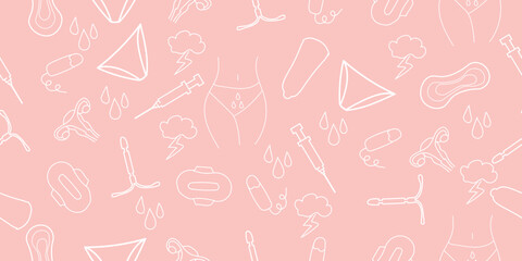 Pattern with female body, contraceptive methods and means of feminine hygiene on light pink background