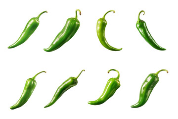 green chili peppers collection isolated on a transparent background - obrazy, fototapety, plakaty