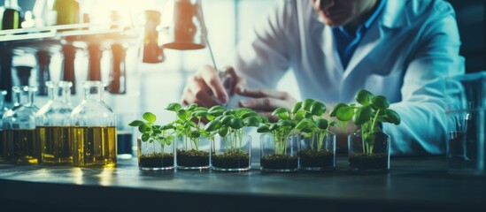 A person in a lab studying plant growth climate change and organic medicine through experiments with test tubes Also researching food science and agricultural innovation With copyspace for t