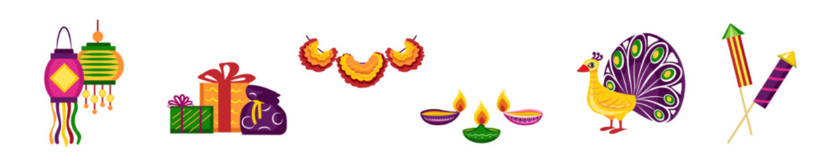 Set of Diwali symbols on white background
