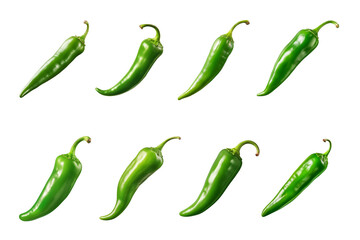 green chili peppers collection isolated on a transparent background - obrazy, fototapety, plakaty