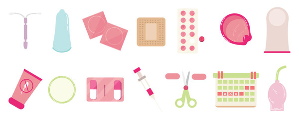 Set of different contraceptive methods on white background