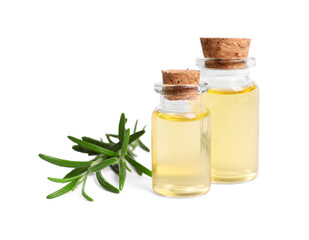 Sprig of fresh rosemary and essential oil on white background