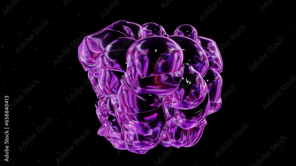 Poster morphing fluid metal blob pulsating in space background. liquid abstract shape 3d animation in 4k re