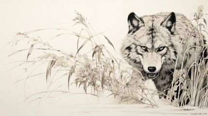traditional japanese style drawing of wolf