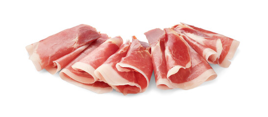 Slices of delicious jamon on white background
