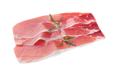 Slices of delicious jamon and rosemary isolated on white