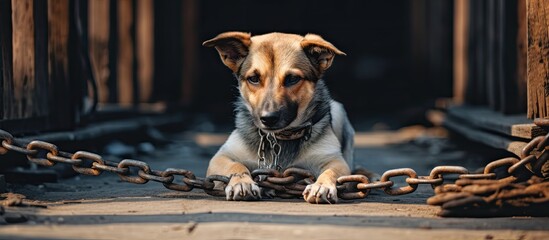 An abused dog chained and alone sits outside its house