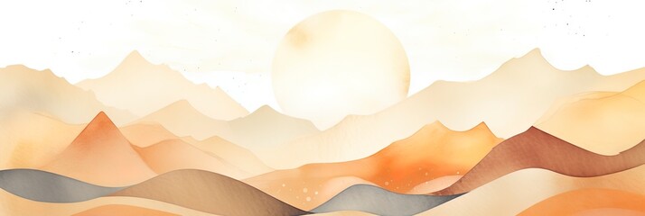 a boho vintage watercolor illustration of a landscape with mountains and sun with orange and gold colors.