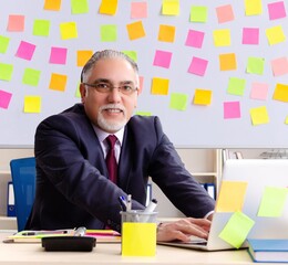 Aged man employee in conflicting priorities concept