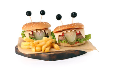 Cute monster burgers served with french fries isolated on white. Halloween party food