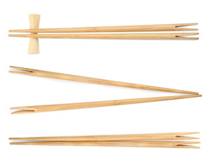 Collage with wooden chopsticks isolated on white