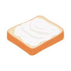 Slice of bread with tasty cream cheese on white background