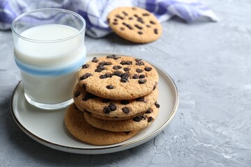 Delicious chocolate chip cookies and glass of milk on grey textured table, space for text