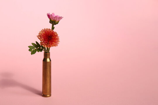 Bullet cartridge case and beautiful chrysanthemum flowers on pink background, space for text