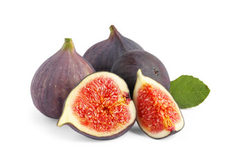 Cut and whole ripe figs isolated on white
