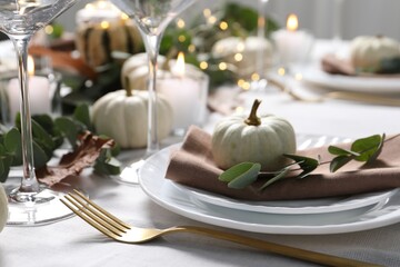 Beautiful autumn table setting, pumpkin and eucalyptus branch, closeup