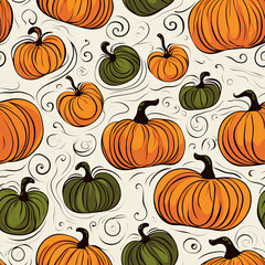 Pumpkin and gourd seamless background, illustration line drawing