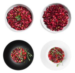 Obraz na płótnie Canvas Tasty vinaigrette salads isolated on white, top view. Collage design