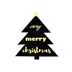 Fir tree and text VERY MERRY CHRISTMAS on white background