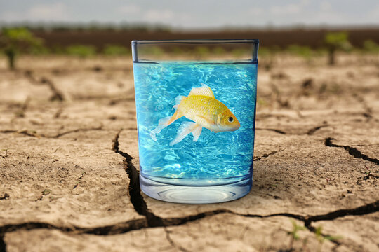 Save environment. Glass of water with goldfish on dry cracked land, closeup