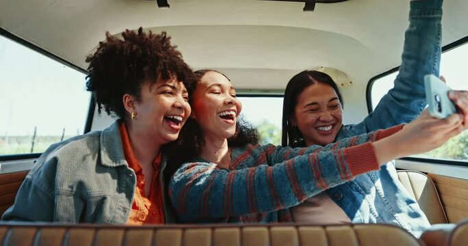 Road trip, selfie and women friends in a van with peace, hands and tongue out pose for memory, fun or photo. Social media, profile picture and influencer people in caravan for travel blog or post