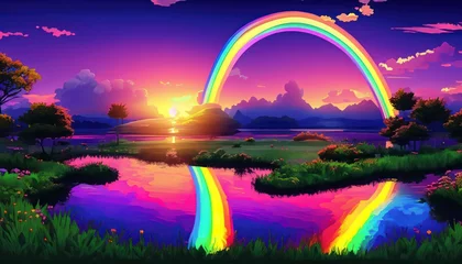Foto op Canvas rainbow sunset over a pond in the style of a videogame © fitpinkcat84