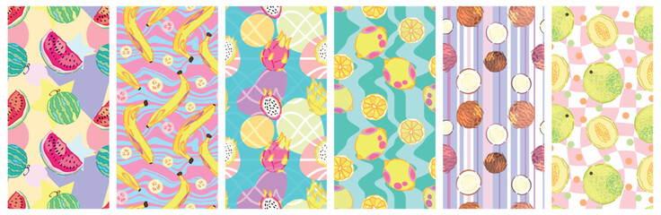 Collage with many different fruits on color background. Patterns for summer season