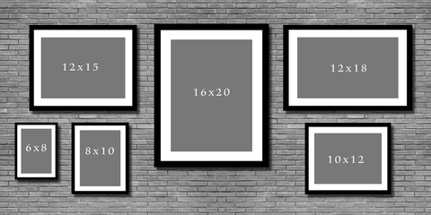 Collage of black wooden frames on white bricks wall,Black frames collage, eight blank frameworks set isolated on white wall, interior decor mock up, 3d illustration