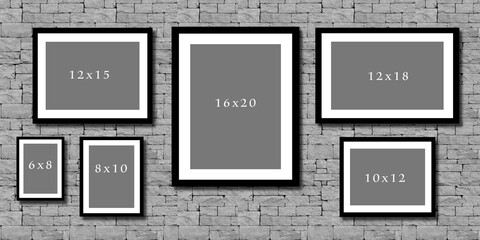 Collage of black wooden frames on white bricks wall,Black frames collage, eight blank frameworks set isolated on white wall, interior decor mock up, 3d illustration