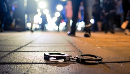 handcuff on the sidewalk of a crowded street, a lot of legs passing by, night, macro photography