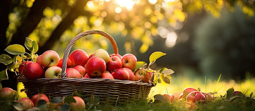 Fresh fruit in the sunny orchard during autumn With copyspace for text