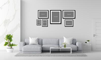 Collage of black wooden frames on white bricks wall,Black frames collage, eight blank frameworks set isolated on white wall, interior decor mock up, 3d illustration