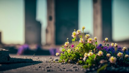  flowers grow out of concrete in a lost city