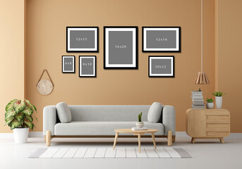 Collage of black wooden frames on white bricks wall,Black frames collage, eight blank frameworks set isolated on white wall, interior decor mock up, 3d illustration