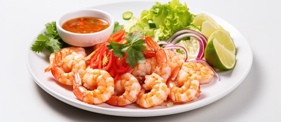 Cooked shrimp salad with fresh vegetables spicy chili sauce coriander lemon and lime With copyspace for text